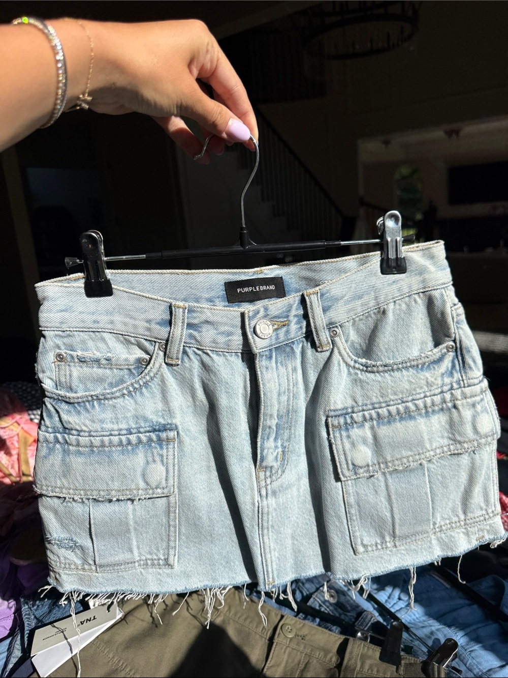 Purple Brand Light Wash Denim Cargo Mini Skirt - Light Blue